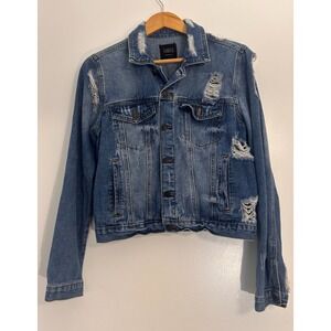 Almost Famous Trucker Jacket Large Blue Denim Distressed Destroyed Stretch
